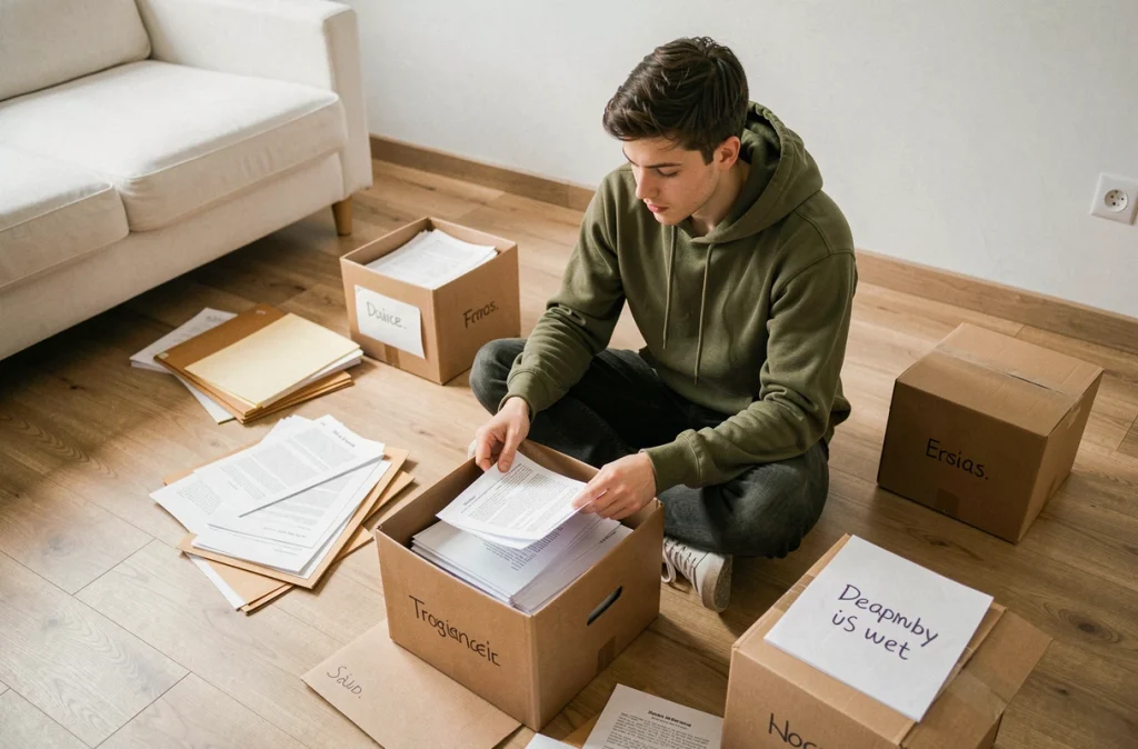 Jeune adulte triant des papiers et des dossiers sur le sol d'un appartement minimaliste pour organiser ses documents