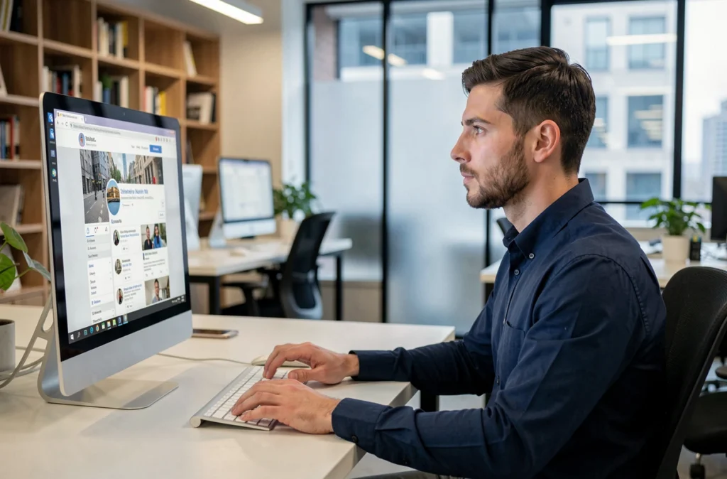 Homme visualisant un profil Instagram via un navigateur web sur un écran de bureau dans un espace de coworking