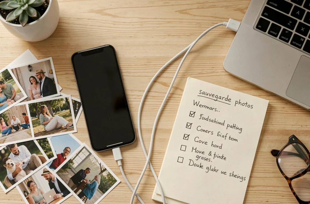 Vue de dessus d'un bureau avec smartphone, câble USB, photos imprimées et liste de contrôle pour sauvegarder des images sur Google Photos