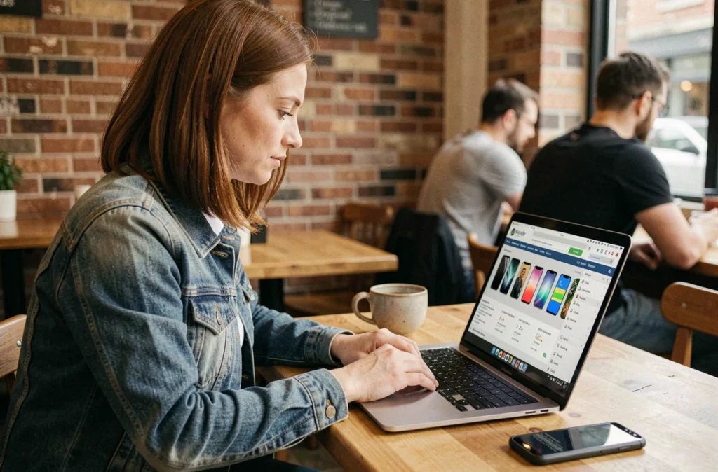 Femme comparant les prix d'un Google Pixel 8 Pro reconditionné dans un café urbain