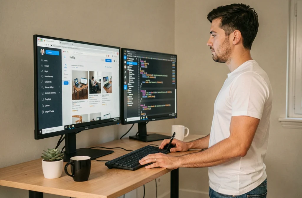 Développeur full-stack spécialisé e-commerce et Node.js debout à son bureau avec une boutique en ligne visible sur l'écran