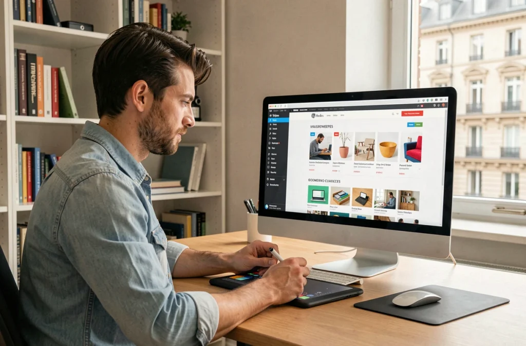 Développeur WordPress travaillant sur un site vitrine et une boutique e-commerce avec les pages ouvertes en double écran