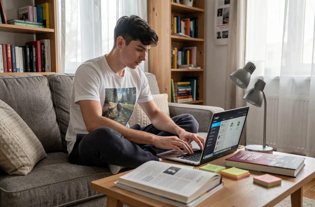 Étudiant utilisant Claude AI gratuitement sur son laptop dans un appartement étudiant décontracté