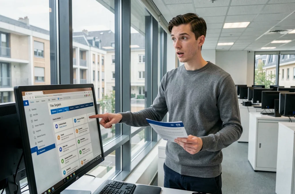 Étudiant masculin de Lyon 3 utilisant un ordinateur de la salle informatique pour explorer les fonctionnalités méconnues de l'intranet universitaire