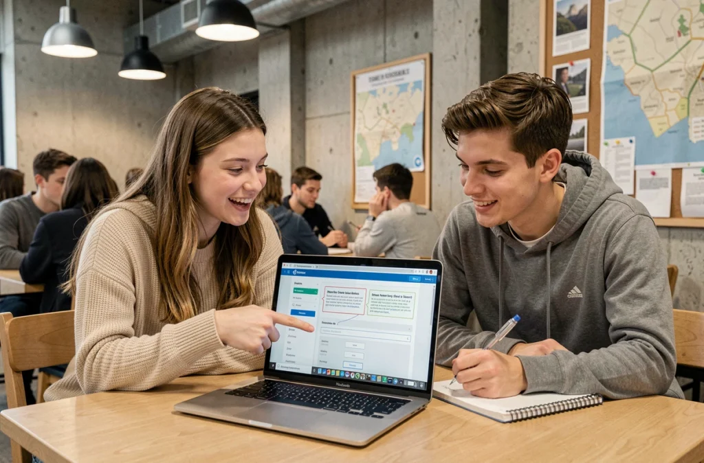Deux étudiants de l'université Lyon 3 collaborant pour découvrir les fonctions cachées de l'intranet dans un espace commun du campus