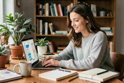 Jeune femme utilisant Claude AI gratuitement sur son ordinateur portable dans un bureau à domicile chaleureux