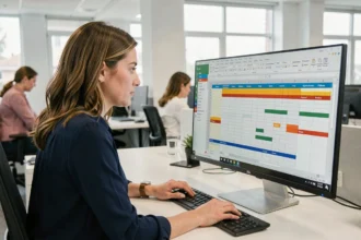 Femme utilisant Excel sur un grand écran pour figer des cellules dans une base de données