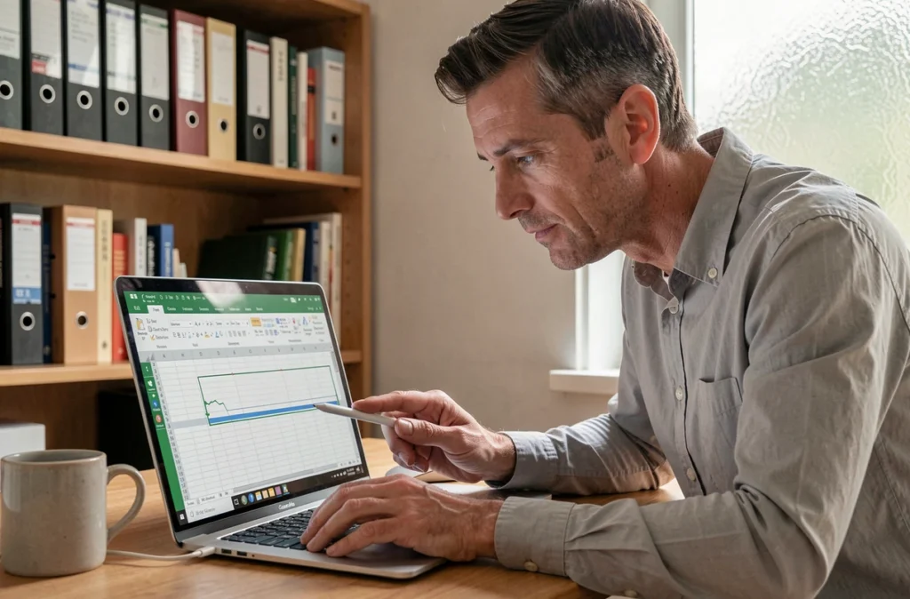 Homme travaillant sur un tableau Excel avec des lignes figées dans un bureau à domicile