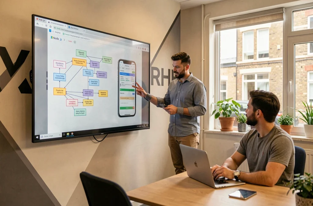 Développeur d'une agence web présentant une architecture Node.js et une application mobile sur un grand écran mural