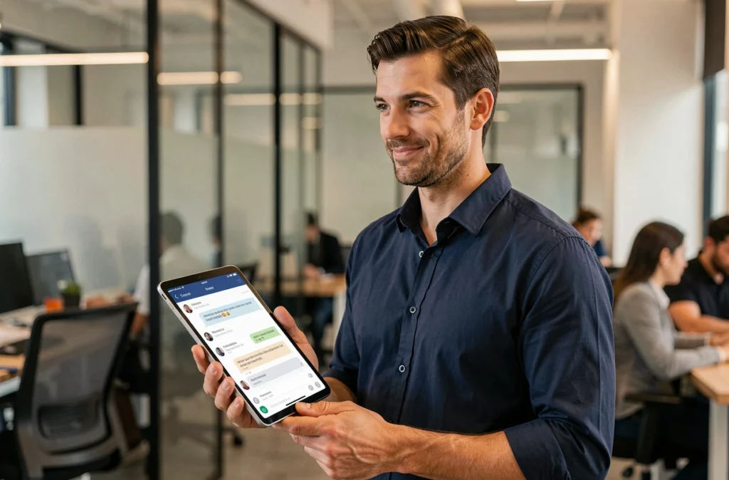 Homme consultant l'interface de Claude AI sur une tablette dans un espace de coworking moderne