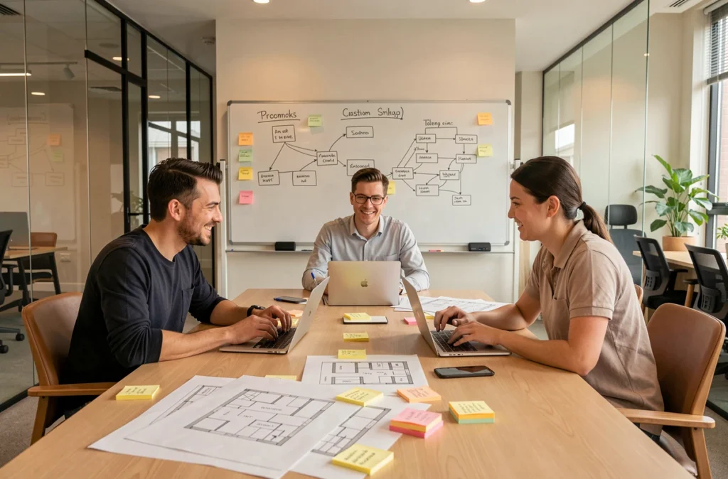 Petite agence de développement web parisienne travaillant en équipe sur un projet sur mesure avec des wireframes et un tableau blanc
