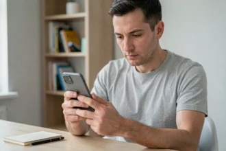Homme inspectant un Google Pixel 8 Pro d'occasion sur un bureau en bois minimaliste