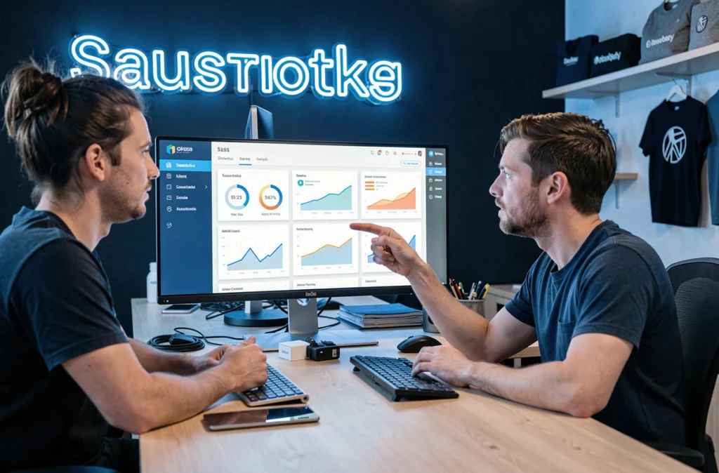 Équipe d'une agence de développement web travaillant sur un projet SaaS avec un tableau de bord visible sur l'écran