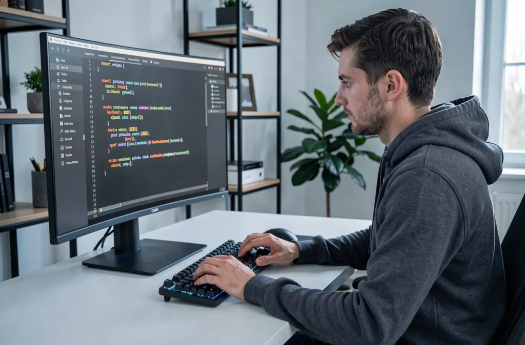 Développeur full-stack spécialisé API assis à son bureau avec du code d'intégration visible sur l'écran