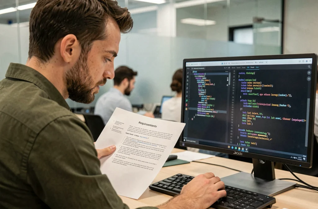 Développeur full-stack concentré sur une mission technique ciblée avec un document de spécifications et du code ouvert sur l'écran
