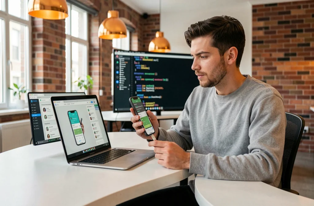Développeur full-stack travaillant simultanément sur une application mobile et une application web avec un prototype visible