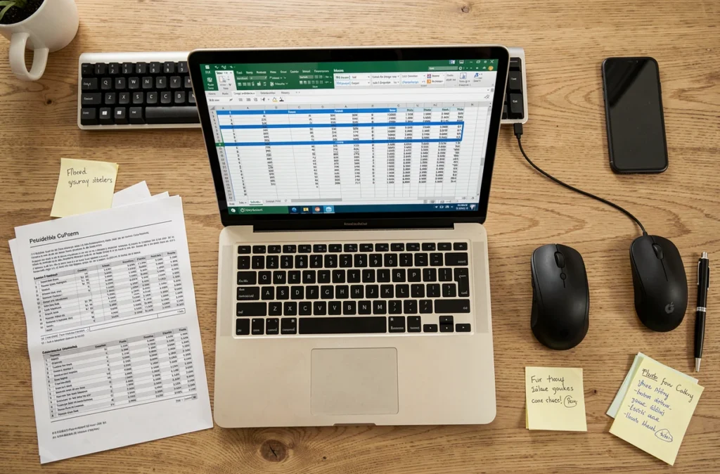 Vue aérienne d'un bureau avec un écran Excel affichant des cellules figées sur une grande base de données