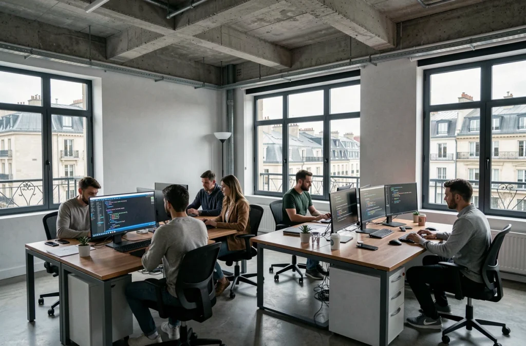 Agence web multi-technologies avec plusieurs développeurs travaillant sur différentes stacks technologiques dans un bureau moderne