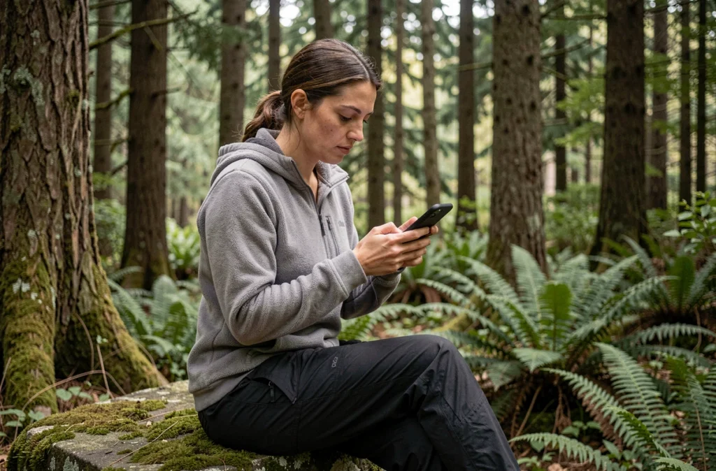 Femme orientant son chemin en forêt grâce à une boussole numérique sans connexion internet